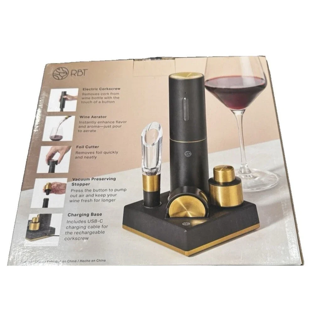 RBT 5 Piece Electric Wine Set Corkscrew Aerator Stopper Foil Cutter Base New